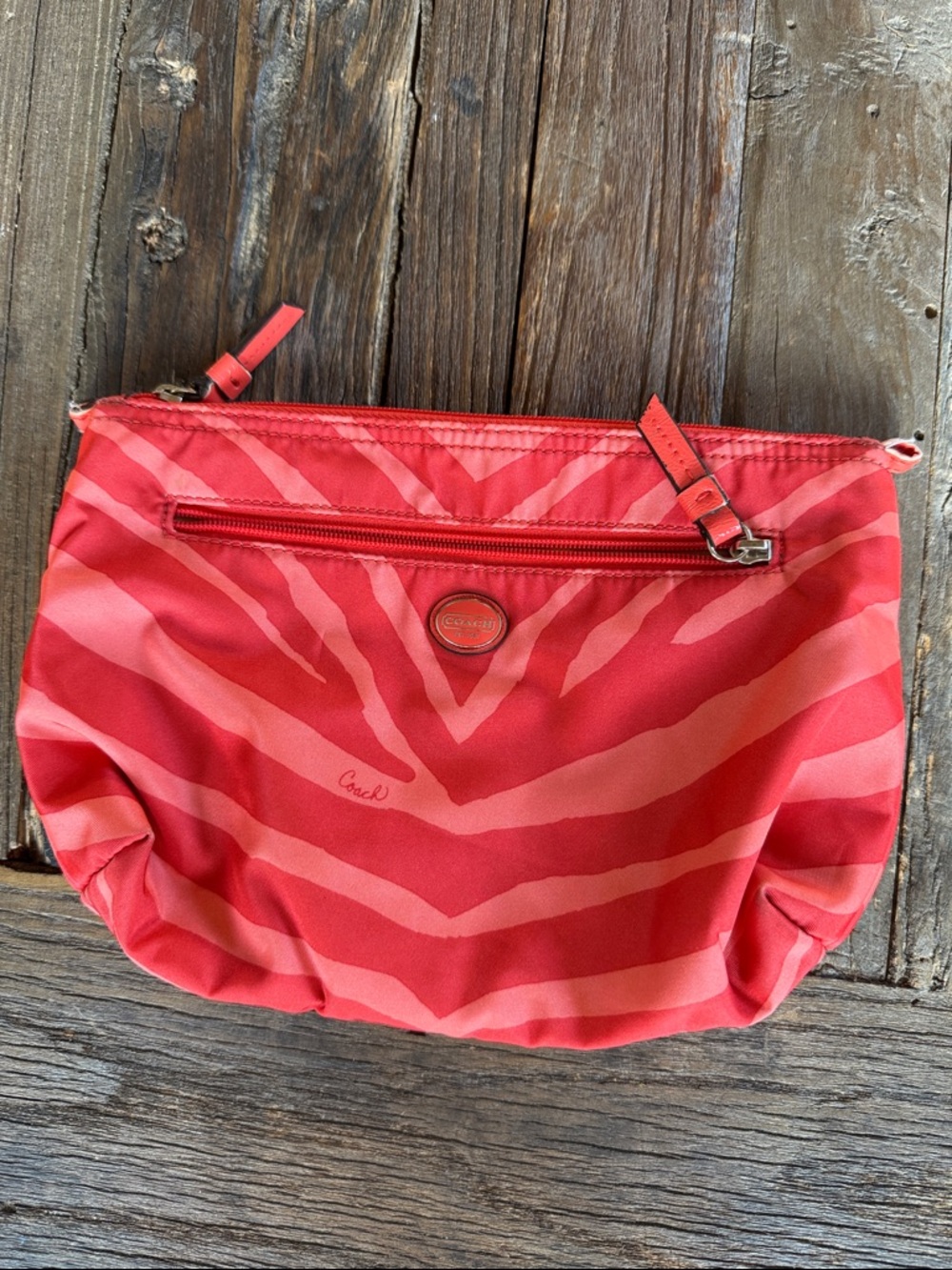 Coach hot orange zebra‎ print nylon clutch, makeup bag, tote organizer